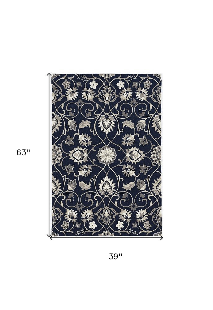 3' X 5' Navy Blue Floral Indoor Outdoor Area Rug