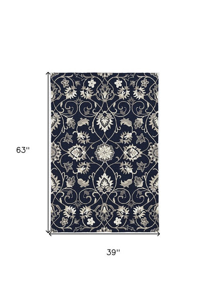 3' X 5' Navy Blue Floral Indoor Outdoor Area Rug