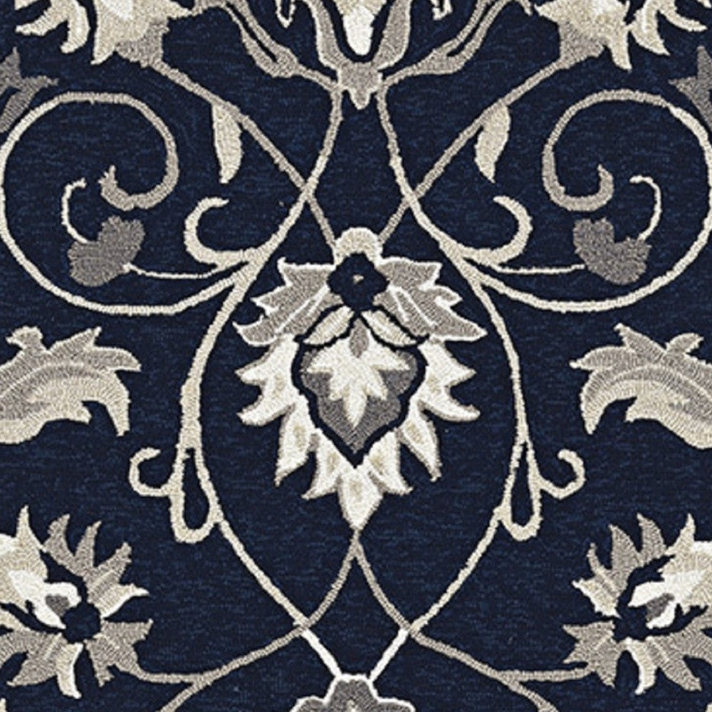 2'X3' Navy Blue Hand Hooked Uv Treated Floral Vines Indoor Outdoor Accent Rug