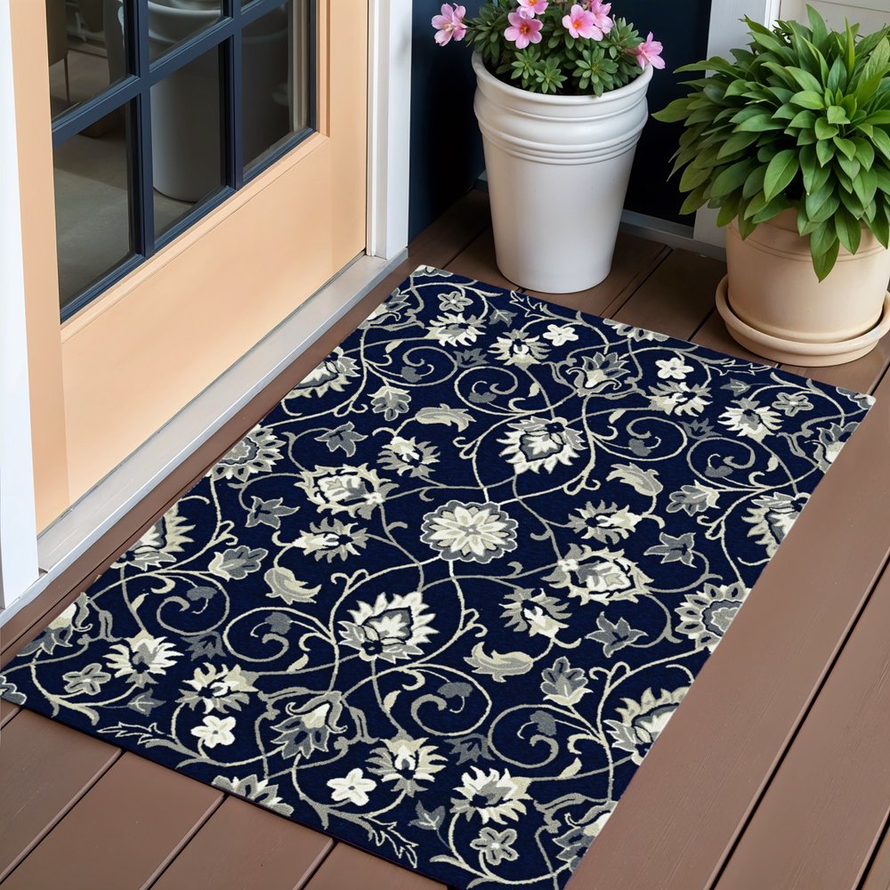 3' X 5' Navy Blue Floral Indoor Outdoor Area Rug