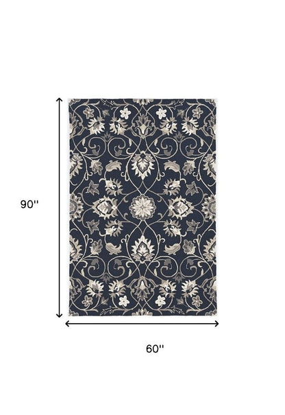 3' X 5' Navy Blue Floral Indoor Outdoor Area Rug