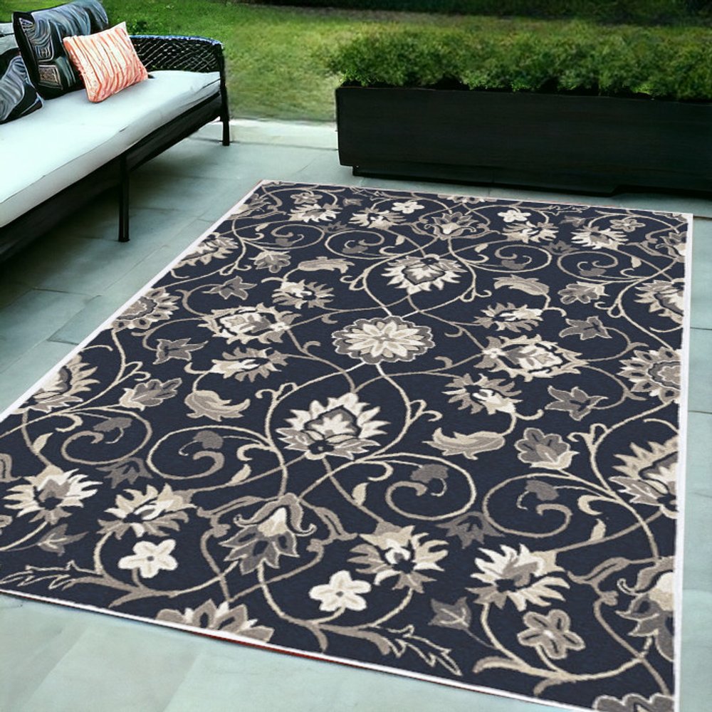 3' X 5' Navy Blue Floral Indoor Outdoor Area Rug