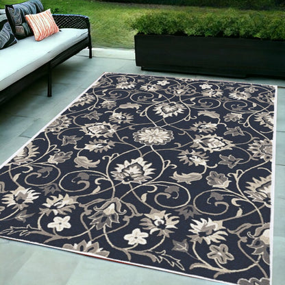 3' X 5' Navy Blue Floral Indoor Outdoor Area Rug