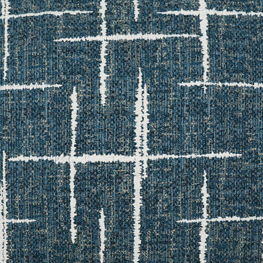 Blue denim-like fabric with white irregular grid lines forming a geometric pattern; textured upholstery textile.