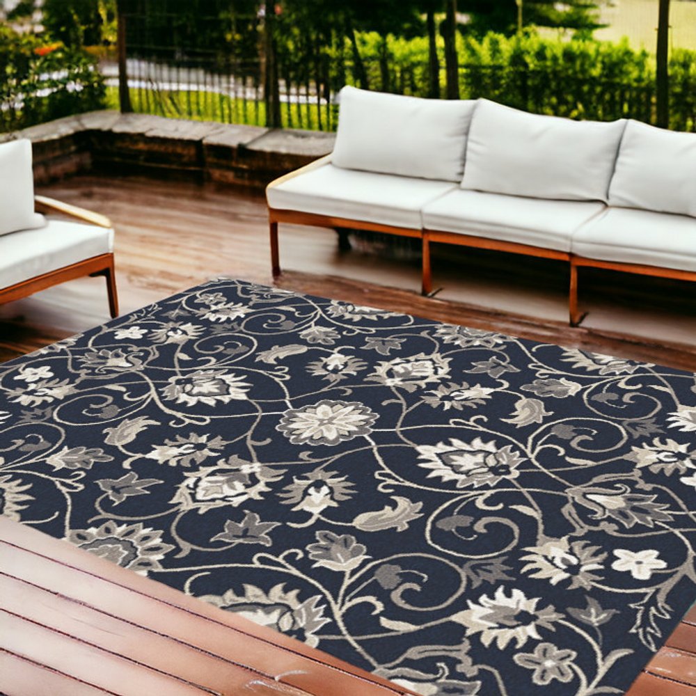 3' X 5' Navy Blue Floral Indoor Outdoor Area Rug