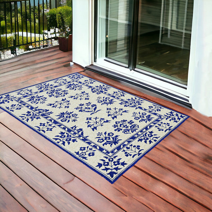 3' X 5' Blue Floral Handmade Indoor Outdoor Area Rug