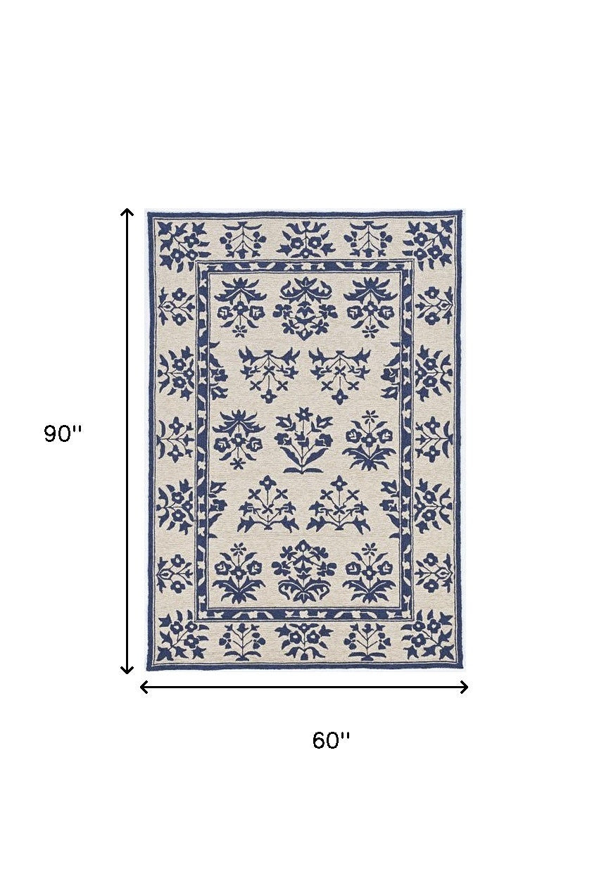 3' X 5' Blue Floral Handmade Indoor Outdoor Area Rug