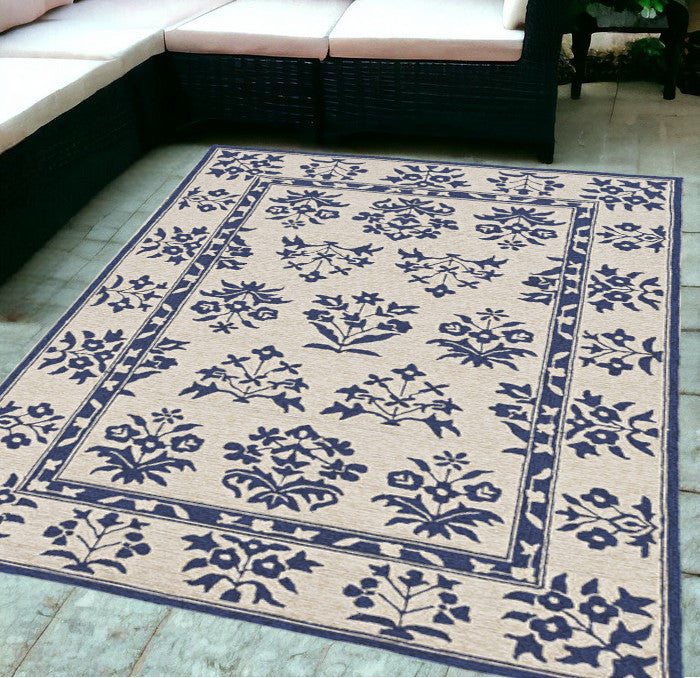 3' X 5' Blue Floral Handmade Indoor Outdoor Area Rug