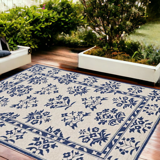 3' X 5' Blue Floral Handmade Indoor Outdoor Area Rug