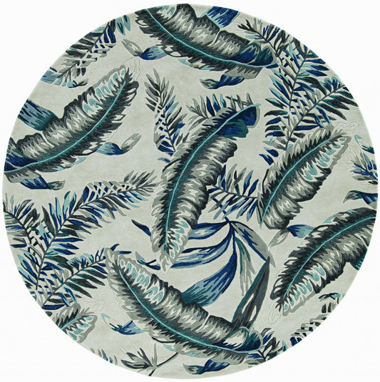 3' X 5' Grey Or Blue Tropical Leaves Wool Area Rug