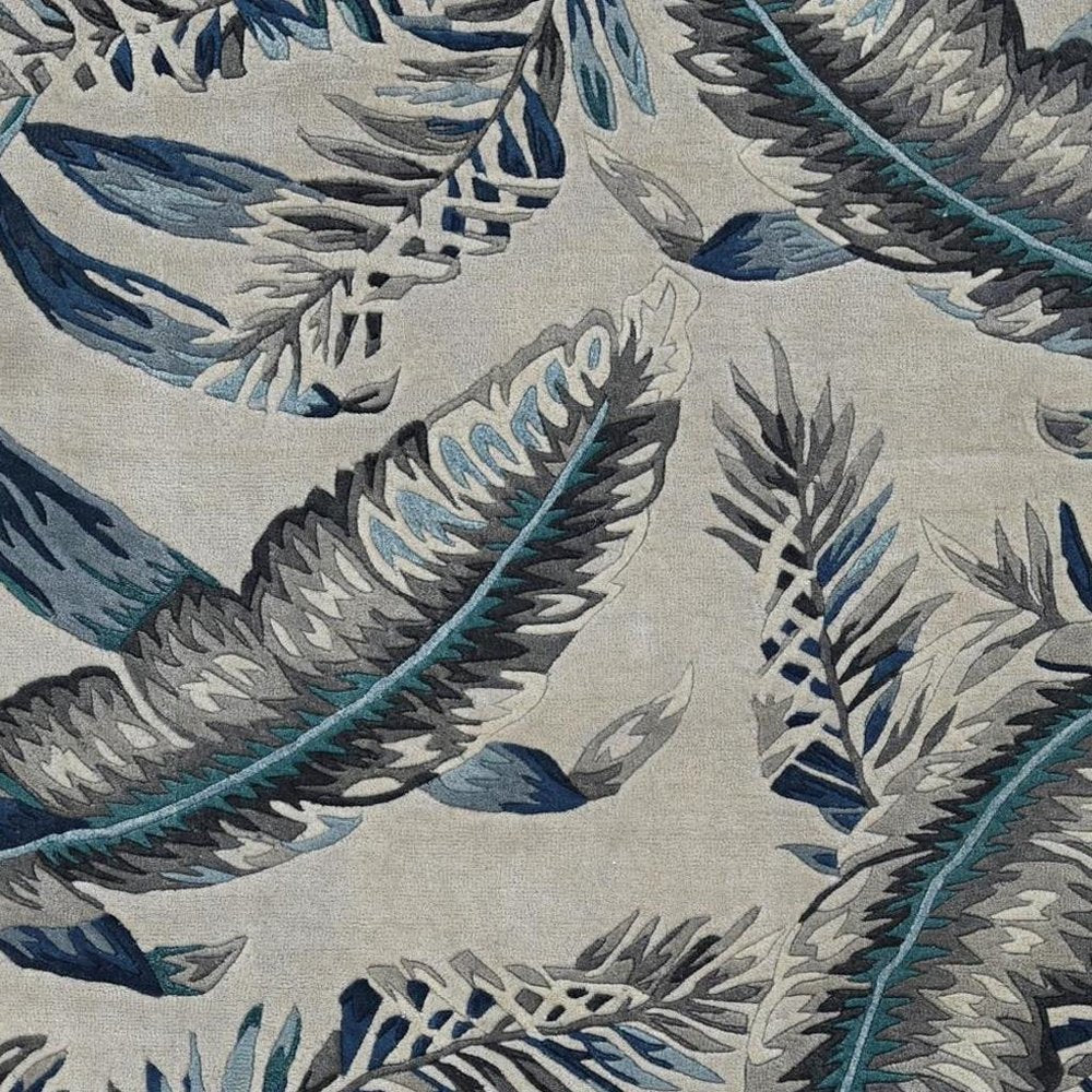 3' X 5' Blue And Gray Wool Botanical Leaves Hand Tufted Area Rug