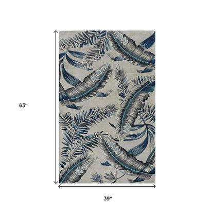 3' X 5' Blue And Gray Wool Botanical Leaves Hand Tufted Area Rug