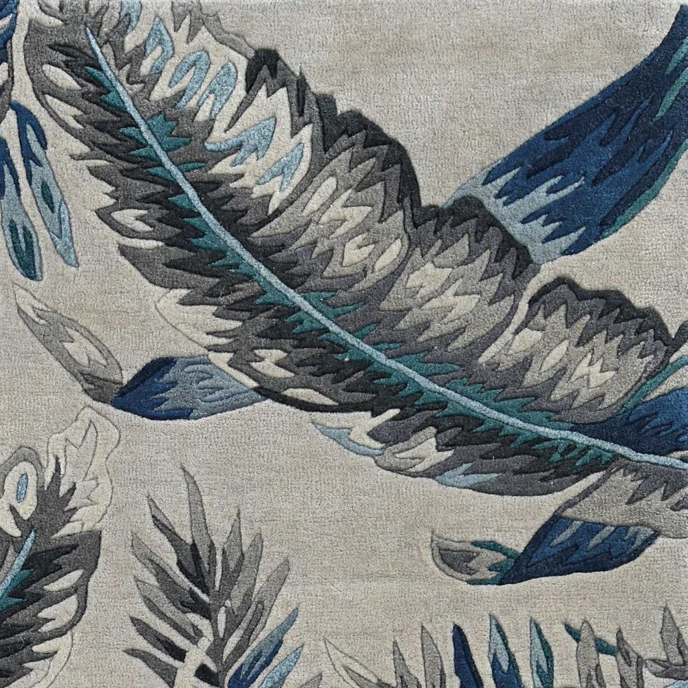 3' X 5' Blue And Gray Wool Botanical Leaves Hand Tufted Area Rug