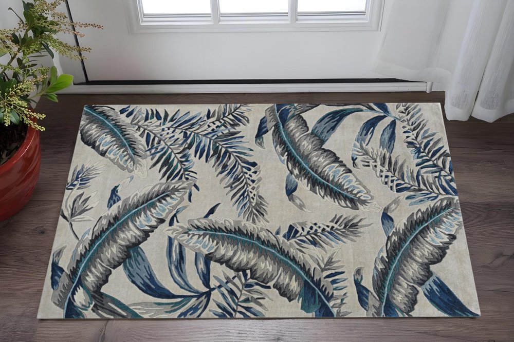 3' X 5' Blue And Gray Wool Botanical Leaves Hand Tufted Area Rug