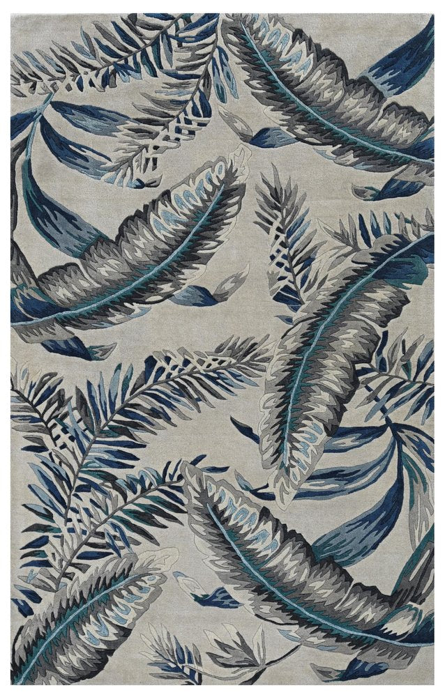 3' X 5' Blue And Gray Wool Botanical Leaves Hand Tufted Area Rug