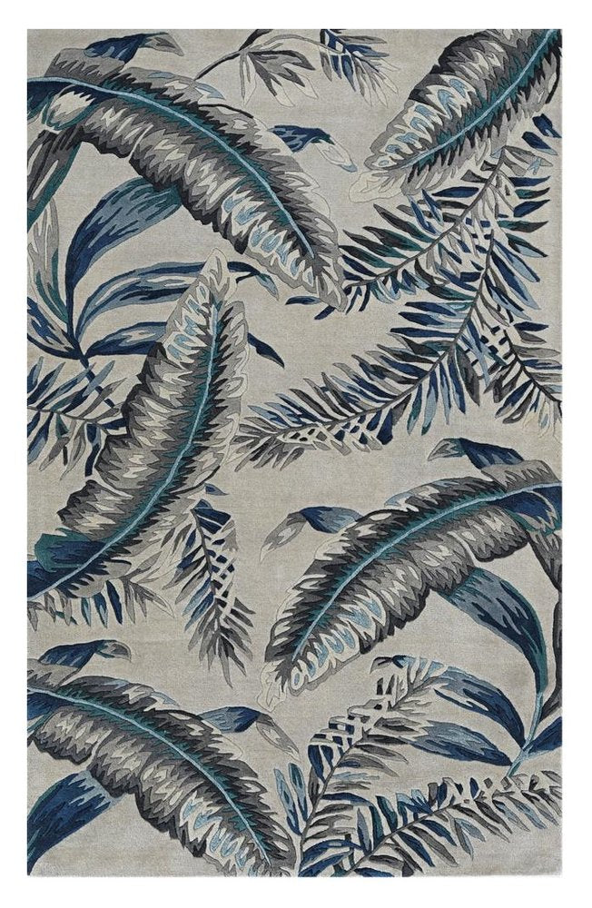 3' X 5' Blue And Gray Wool Botanical Leaves Hand Tufted Area Rug