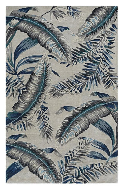 3' X 5' Blue And Gray Wool Botanical Leaves Hand Tufted Area Rug