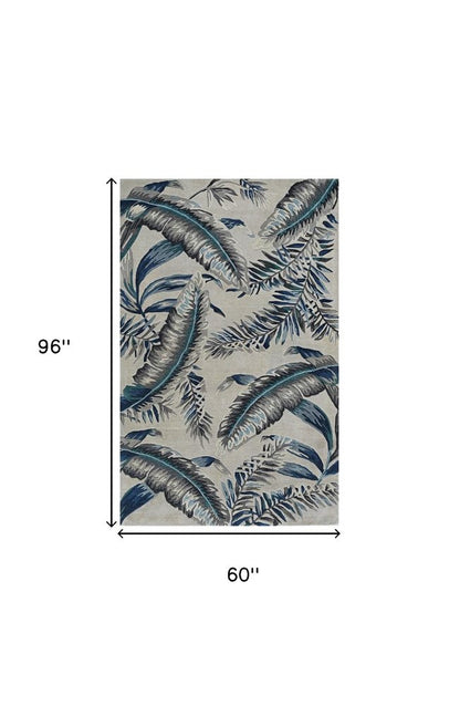 3' X 5' Blue And Gray Wool Botanical Leaves Hand Tufted Area Rug