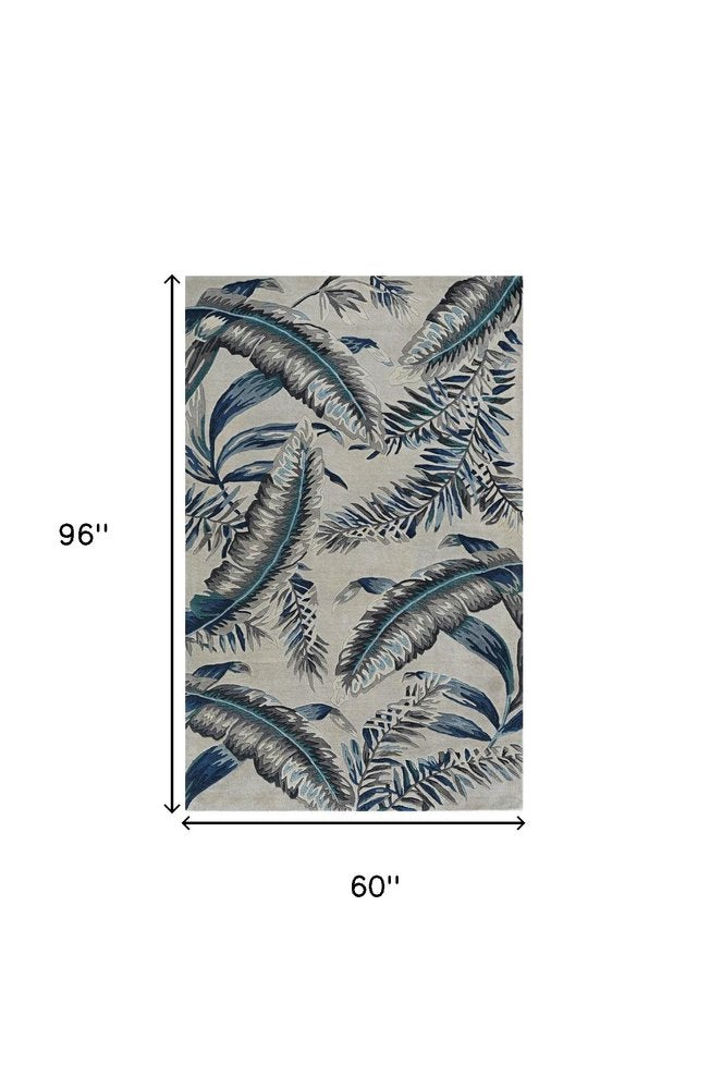 3' X 5' Blue And Gray Wool Botanical Leaves Hand Tufted Area Rug