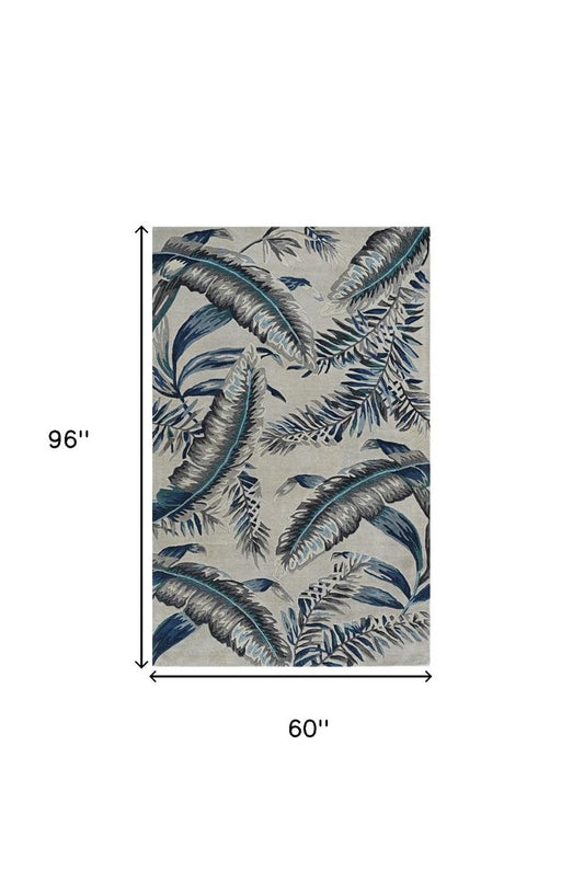 3' X 5' Blue And Gray Wool Botanical Leaves Hand Tufted Area Rug