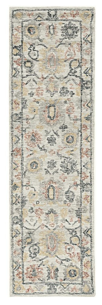 8' Ivory Gray And Red Wool Medallion Hand Tufted Runner Rug