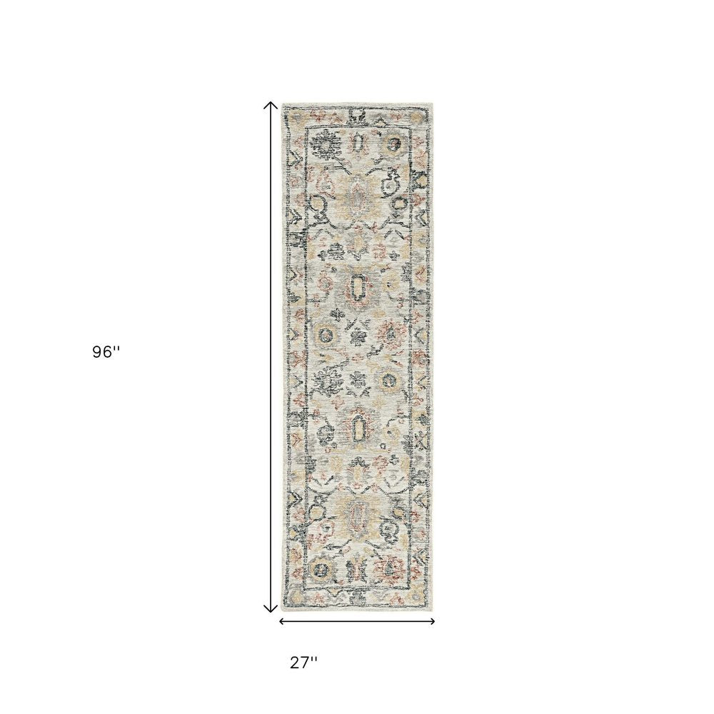 8' Ivory Gray And Red Wool Medallion Hand Tufted Runner Rug