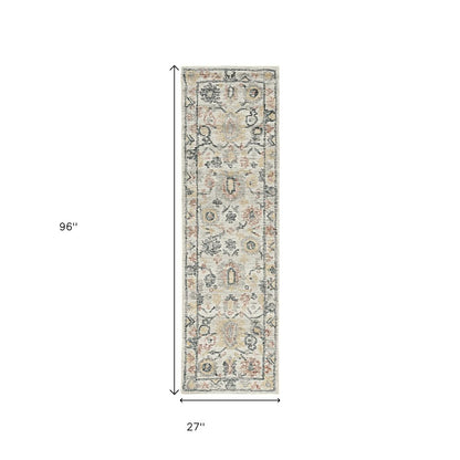 8' Ivory Gray And Red Wool Medallion Hand Tufted Runner Rug
