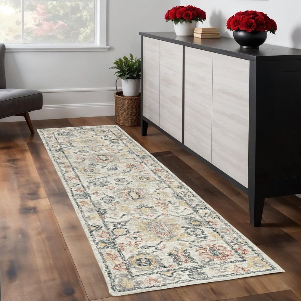 8' Ivory Gray And Red Wool Medallion Hand Tufted Runner Rug