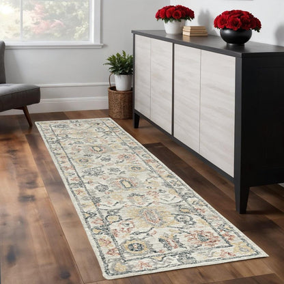 8' Ivory Gray And Red Wool Medallion Hand Tufted Runner Rug