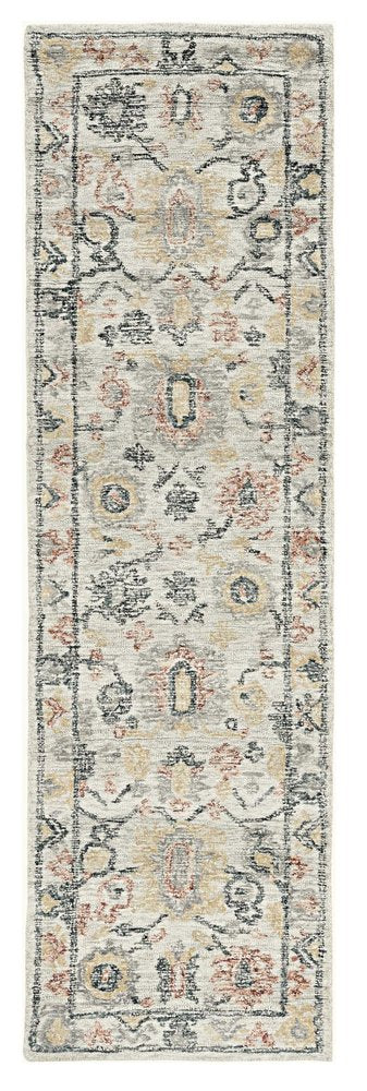 8' Ivory Gray And Red Wool Medallion Hand Tufted Runner Rug