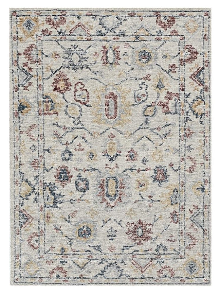5' X 7' Ivory Gray And Red Wool Medallion Hand Tufted Distressed Area Rug