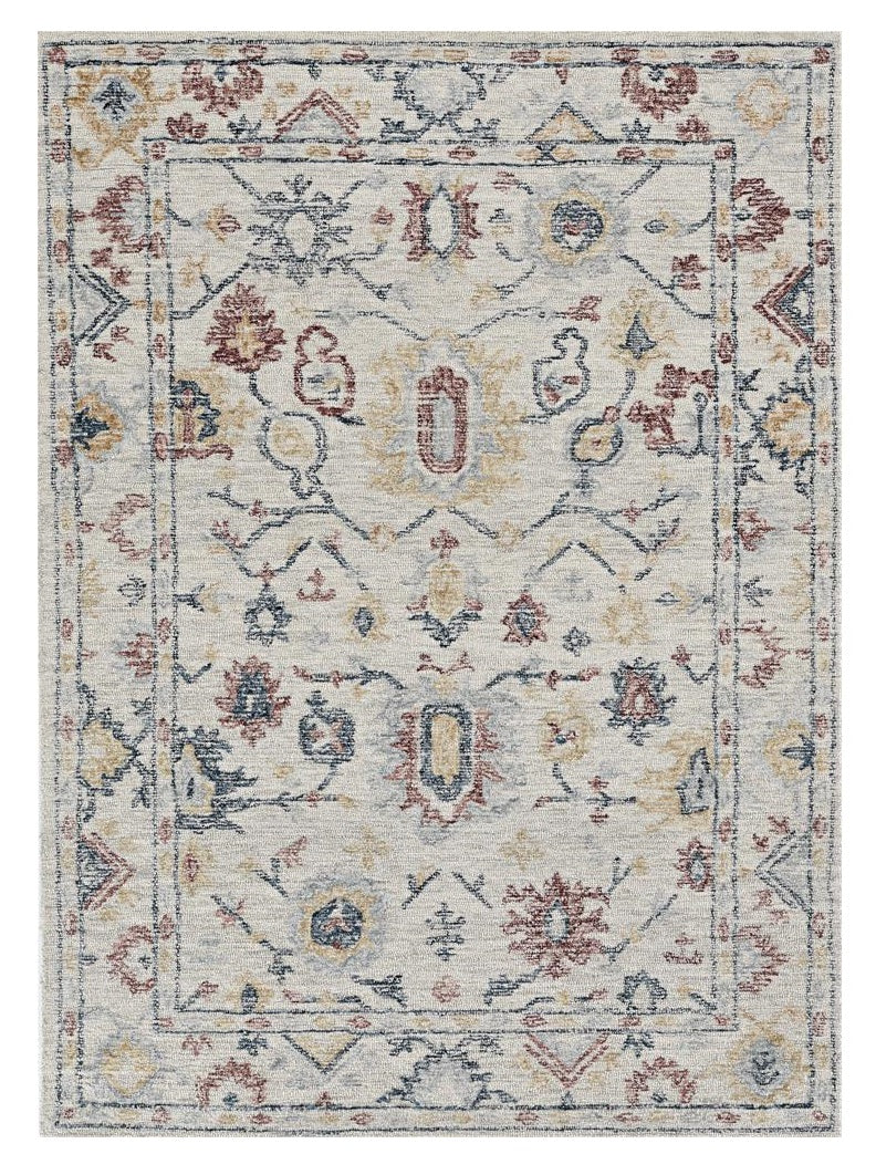 5' X 7' Ivory Floral Bordered Wool Indoor Area Rug