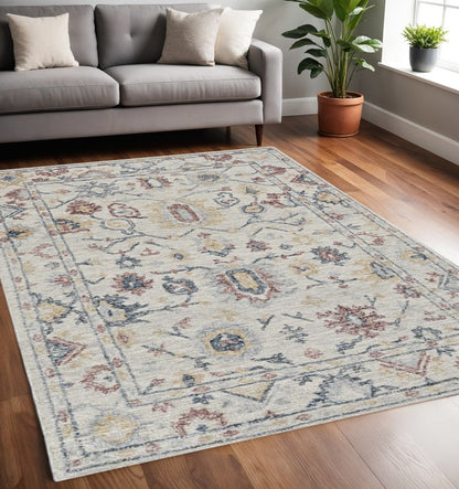 5' X 7' Ivory Gray And Red Wool Medallion Hand Tufted Distressed Area Rug