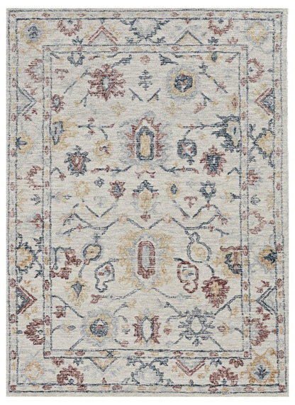 5' X 7' Ivory Gray And Red Wool Medallion Hand Tufted Distressed Area Rug
