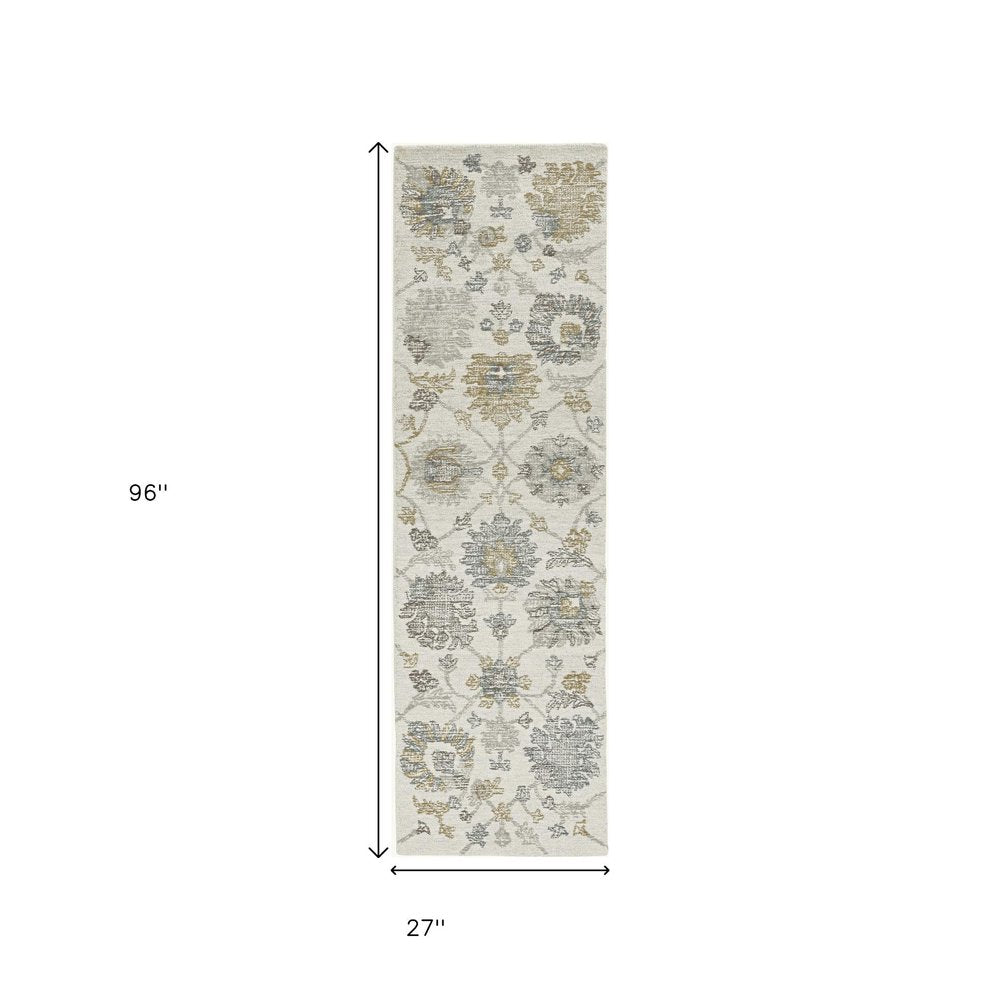9' X 13' Ivory Gray And Green Wool Floral Hand Tufted Area Rug