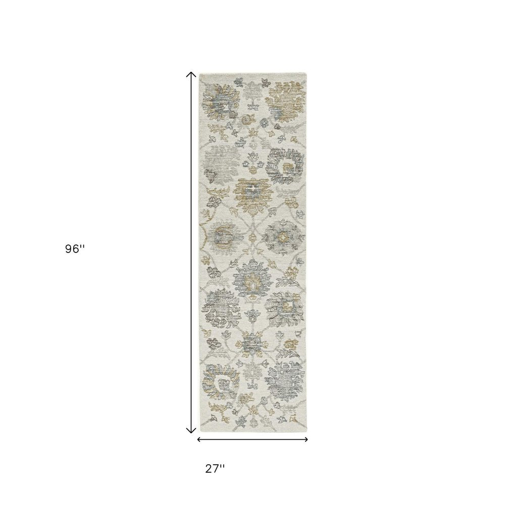 8' Ivory Gray And Green Wool Floral Hand Tufted Runner Rug