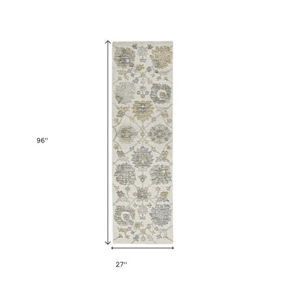 8' Ivory Gray And Green Wool Floral Hand Tufted Runner Rug