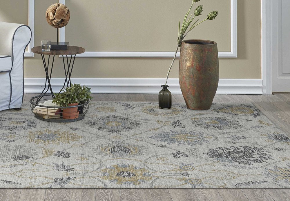 9' X 13' Ivory Gray And Green Wool Floral Hand Tufted Area Rug