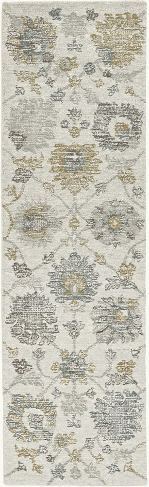 8' Ivory Gray And Green Wool Floral Hand Tufted Runner Rug