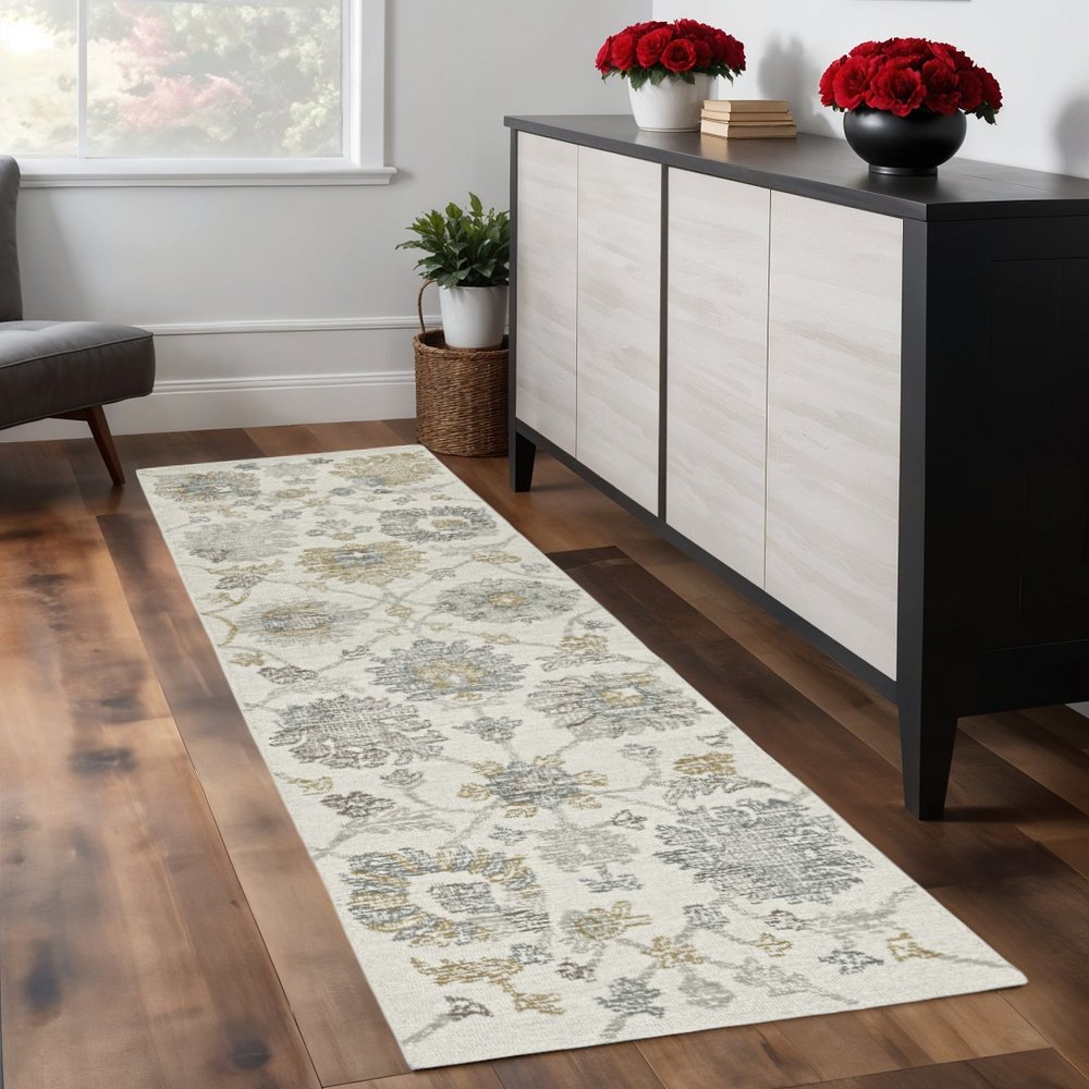 9' X 13' Ivory Gray And Green Wool Floral Hand Tufted Area Rug