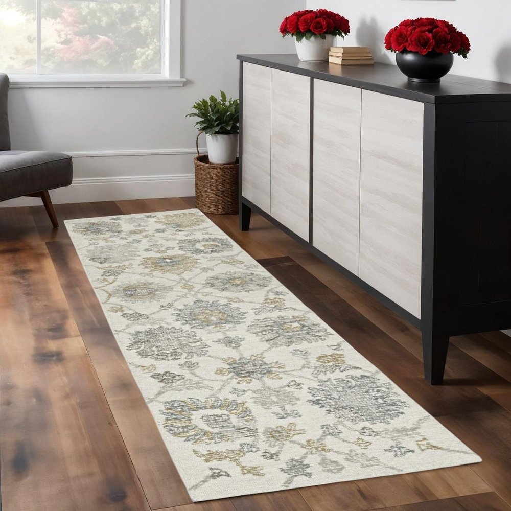 8' Ivory Gray And Green Wool Floral Hand Tufted Runner Rug