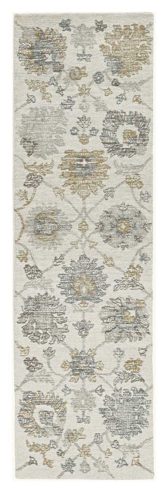 8' Ivory Gray And Green Wool Floral Hand Tufted Runner Rug