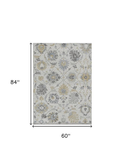 8' Ivory Gray And Green Wool Floral Hand Tufted Runner Rug
