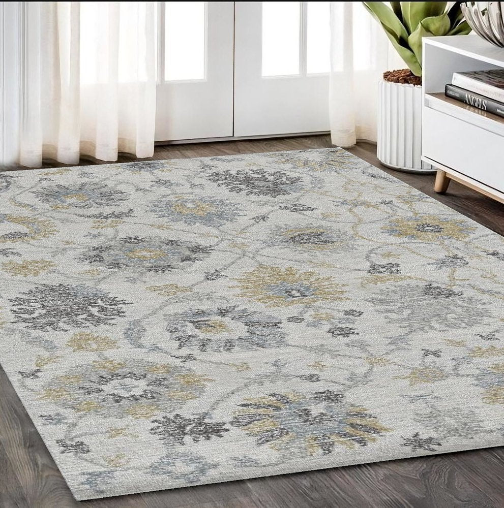 9' X 13' Ivory Gray And Green Wool Floral Hand Tufted Area Rug