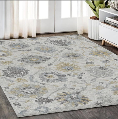 9' X 13' Ivory Gray And Green Wool Floral Hand Tufted Area Rug
