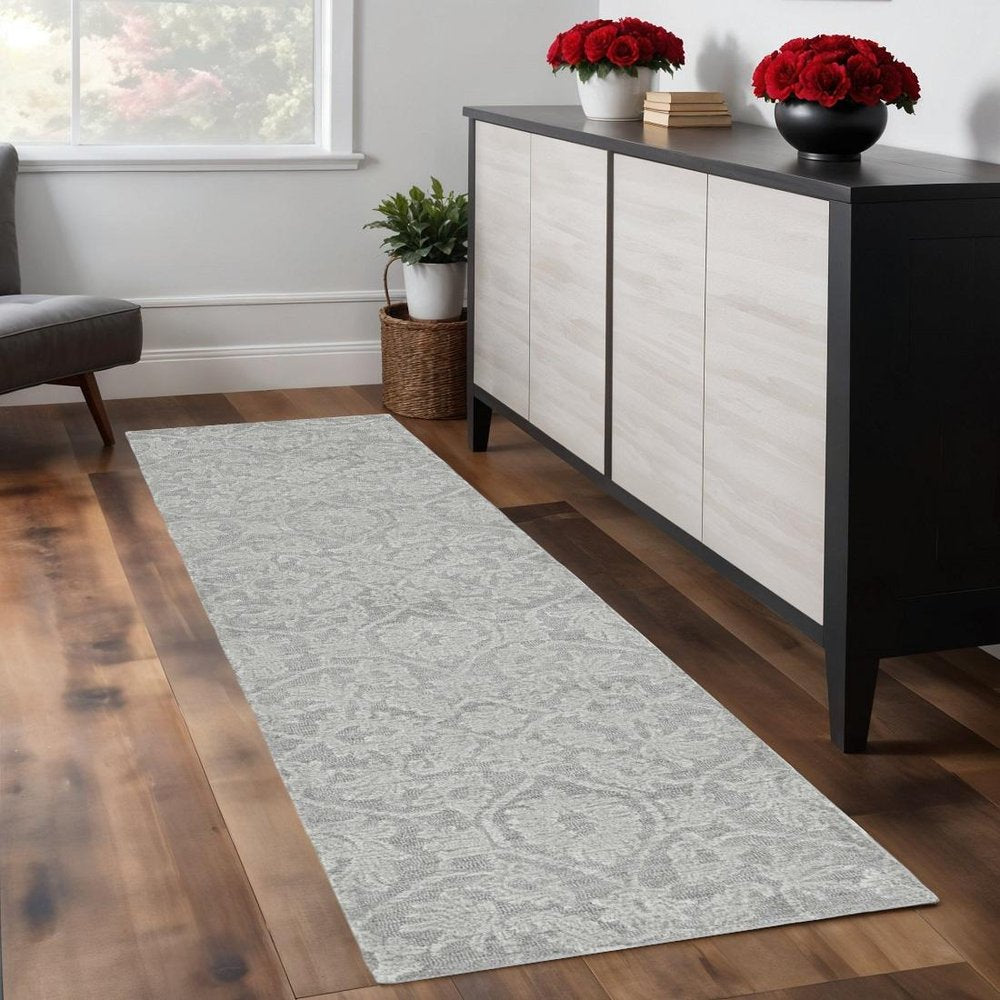 8' Gray And Light Gray Wool Floral Medallion Hand Tufted Runner Rug
