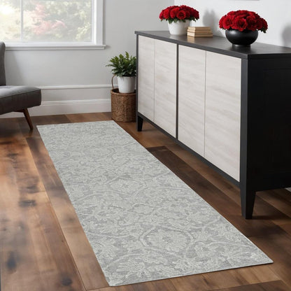 8' Gray And Light Gray Wool Floral Medallion Hand Tufted Runner Rug