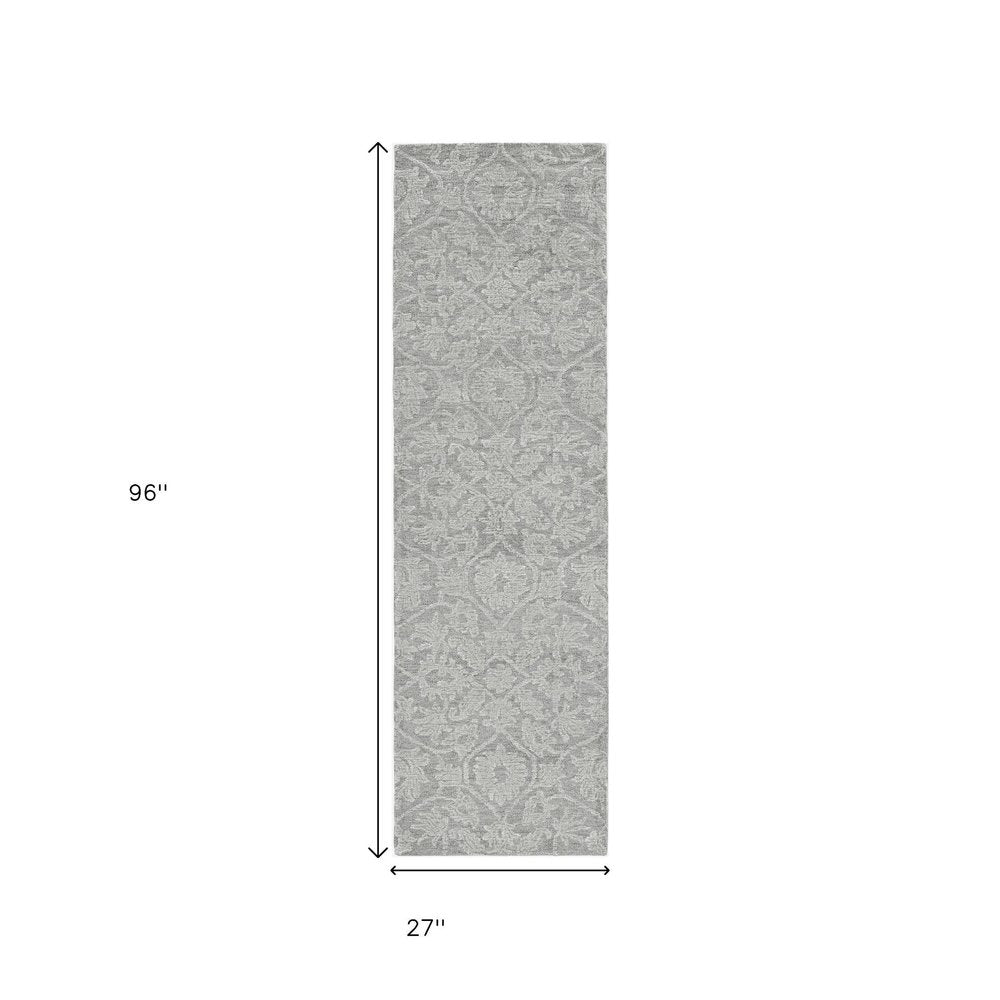 8' Gray And Light Gray Wool Floral Medallion Hand Tufted Runner Rug