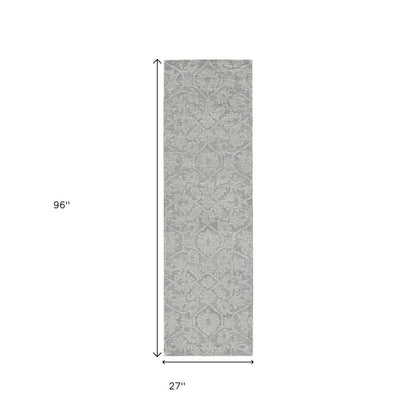8' Gray And Light Gray Wool Floral Medallion Hand Tufted Runner Rug