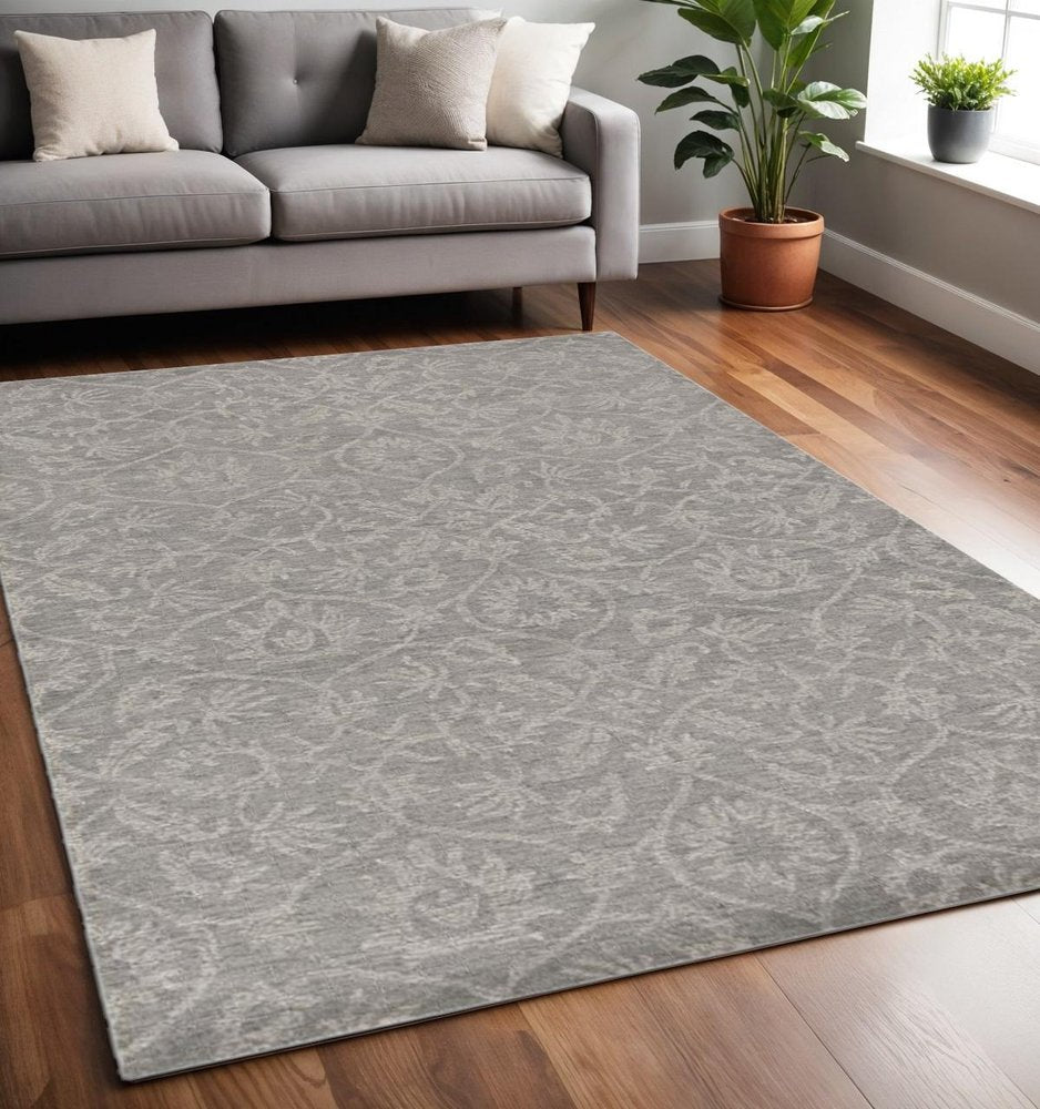 8' Gray And Light Gray Wool Floral Medallion Hand Tufted Runner Rug
